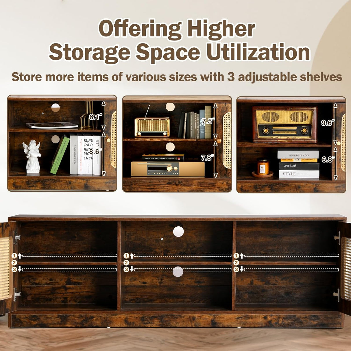 Qmetalart Boho TV Stand for 30-65 inch TVs,Ratten Entertainment Center with 3 Adjustable Shelves,