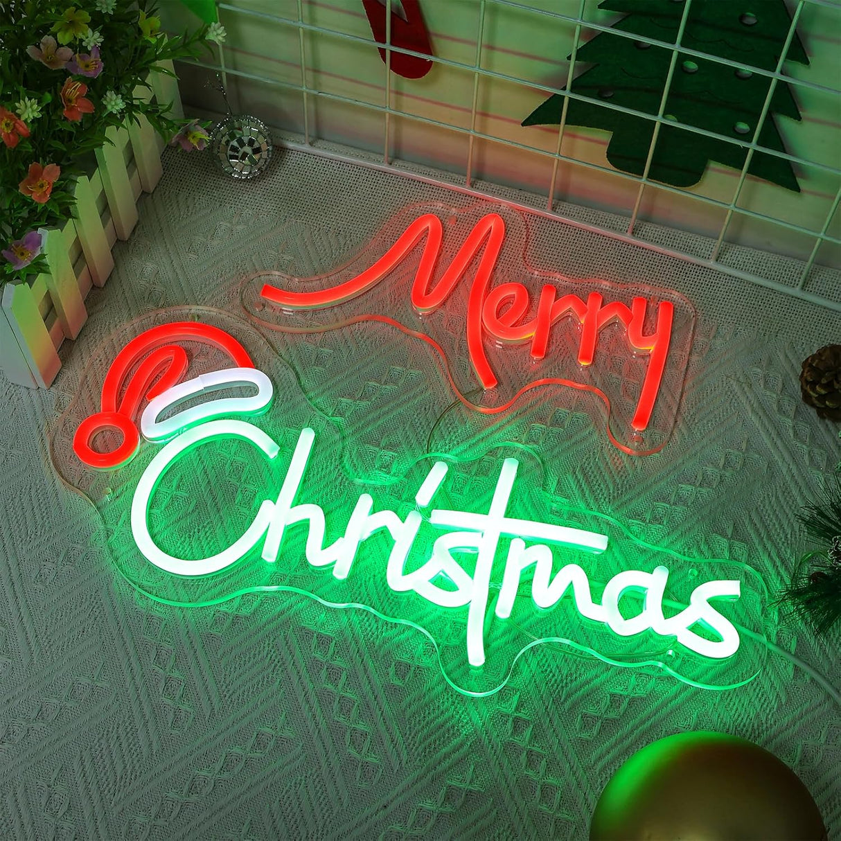 Large 25 Inch Merry Christmas Neon Signs, Red Green Led Neon Light Sign for Party Gift