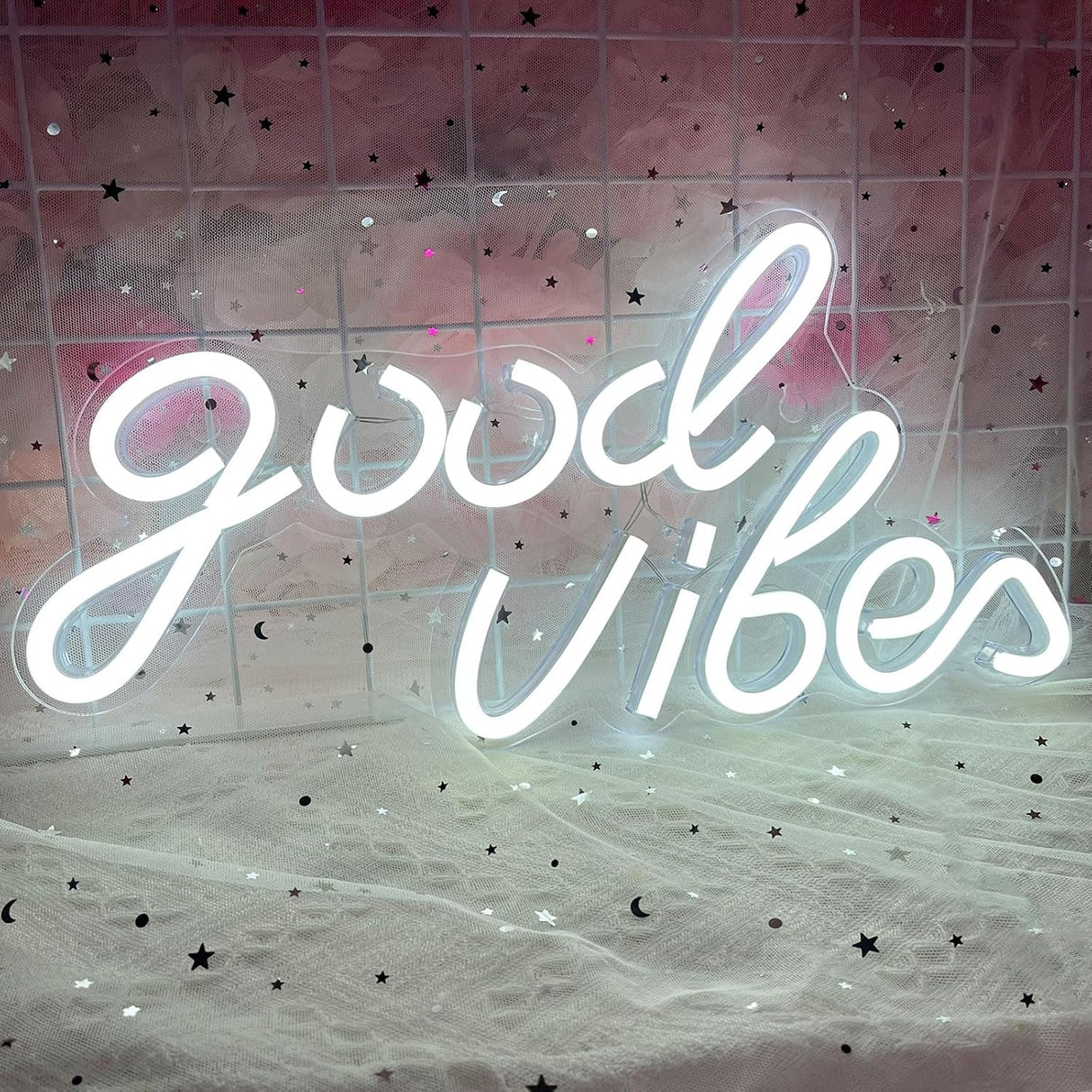 Good Vibes Neon Sign, LED Neon Signs for Wall Decor, White Neon Lights for Bedroom & Party