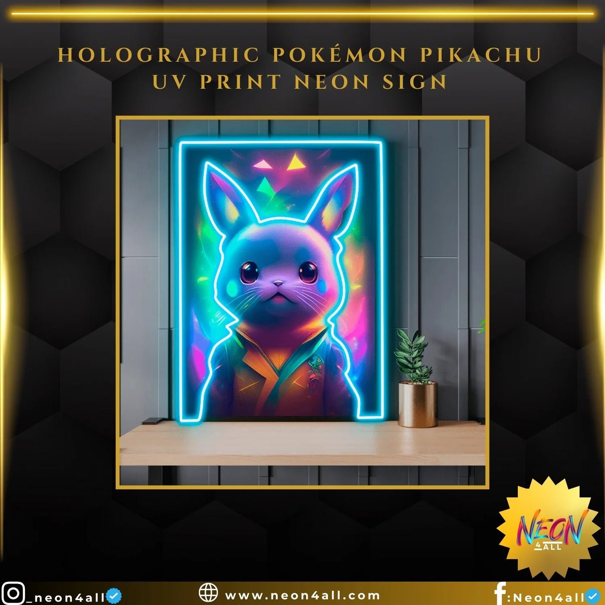 Holographic Pok?on Pikachu UV print neon sign