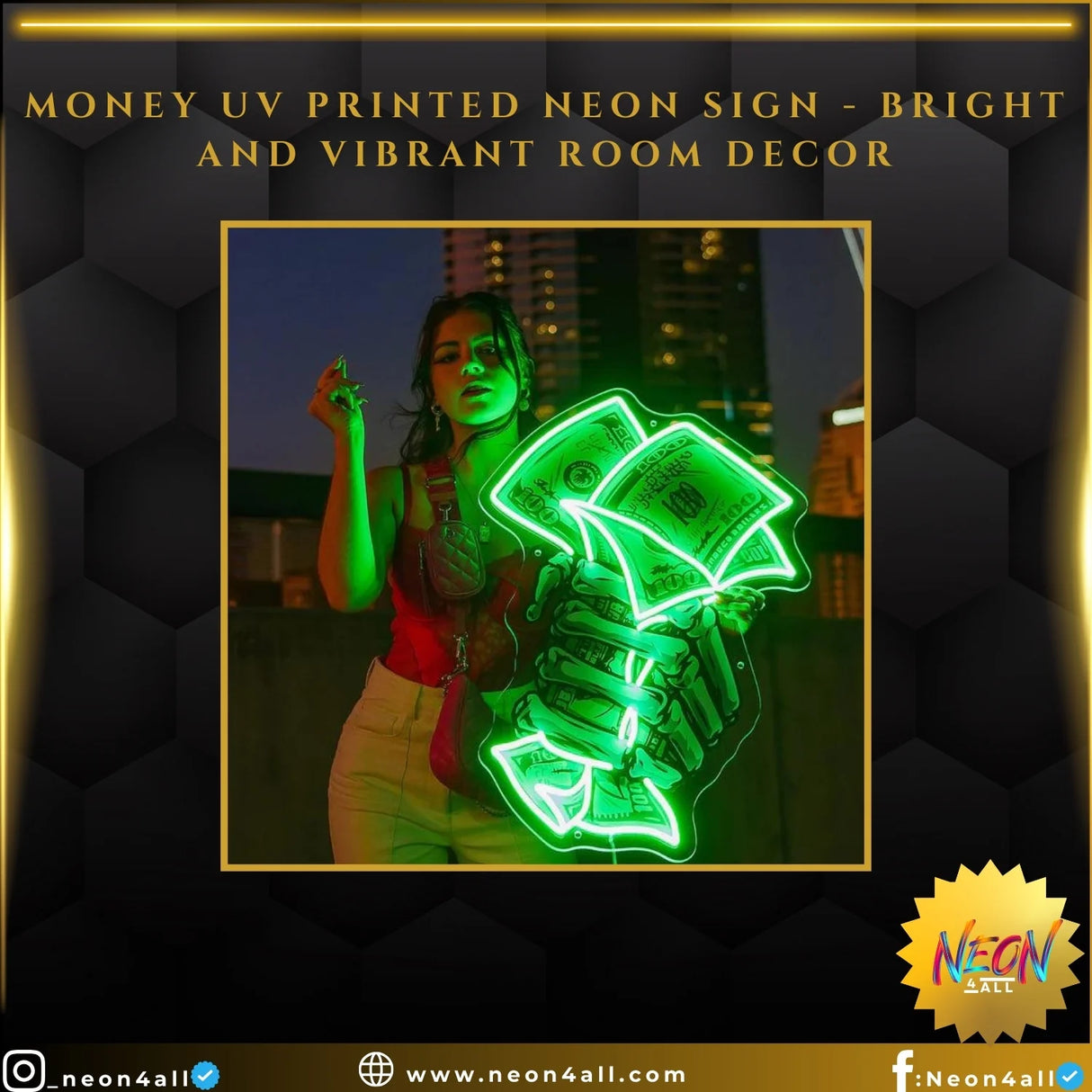 Money UV Printed Neon Sign - Bright and Vibrant Room D?or