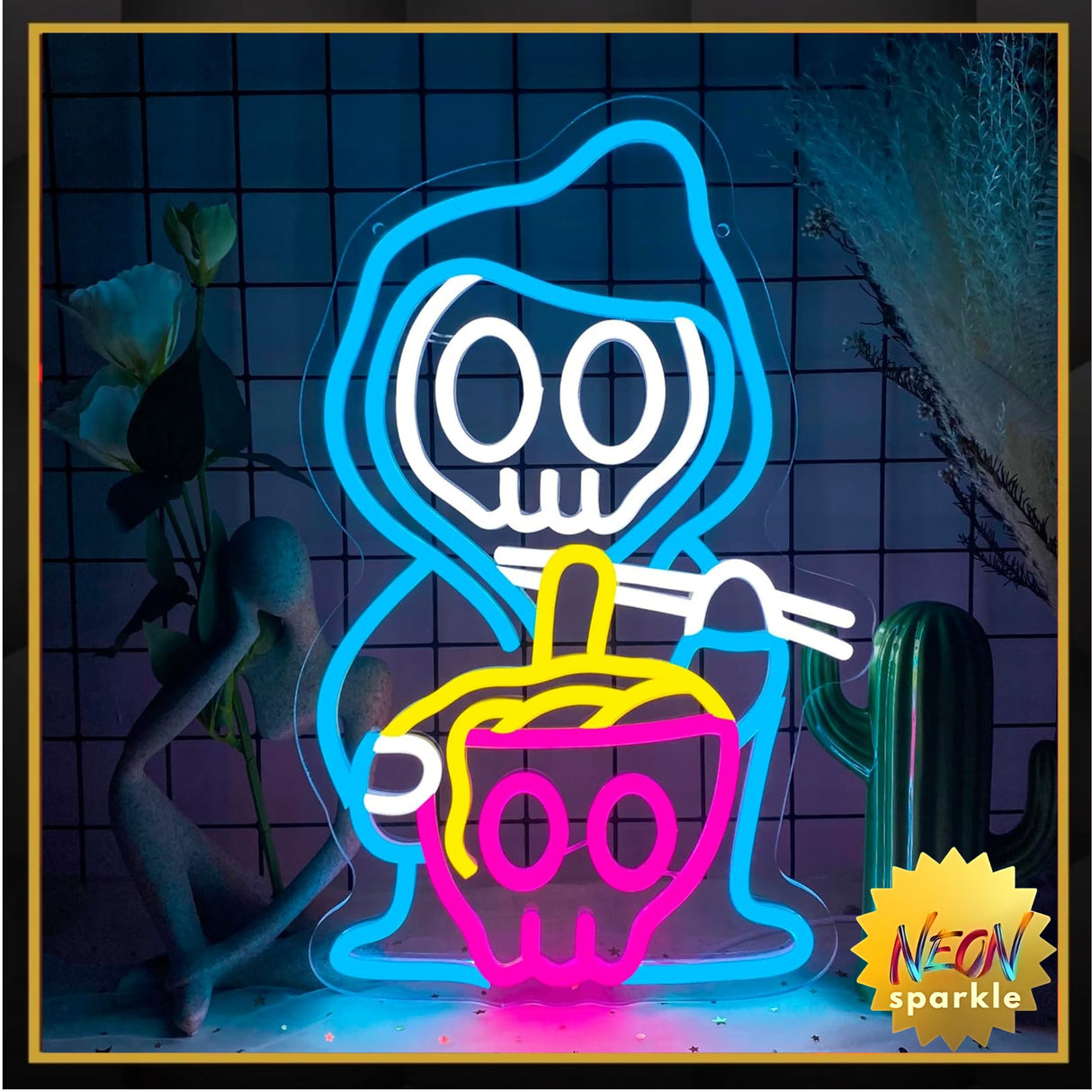 Grim Reaper Ramen Noodles Neon Signs for Wall Decor,Dimmable Japanese Skull Ramen Noodle