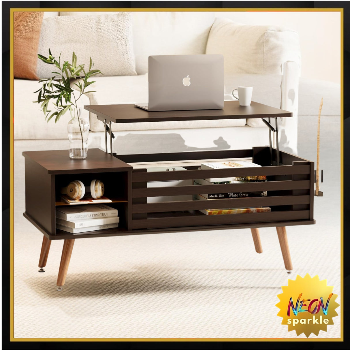 Qmetalart Lift Top Coffee Table with Storage, Mid Century Modern Coffee Table, Central