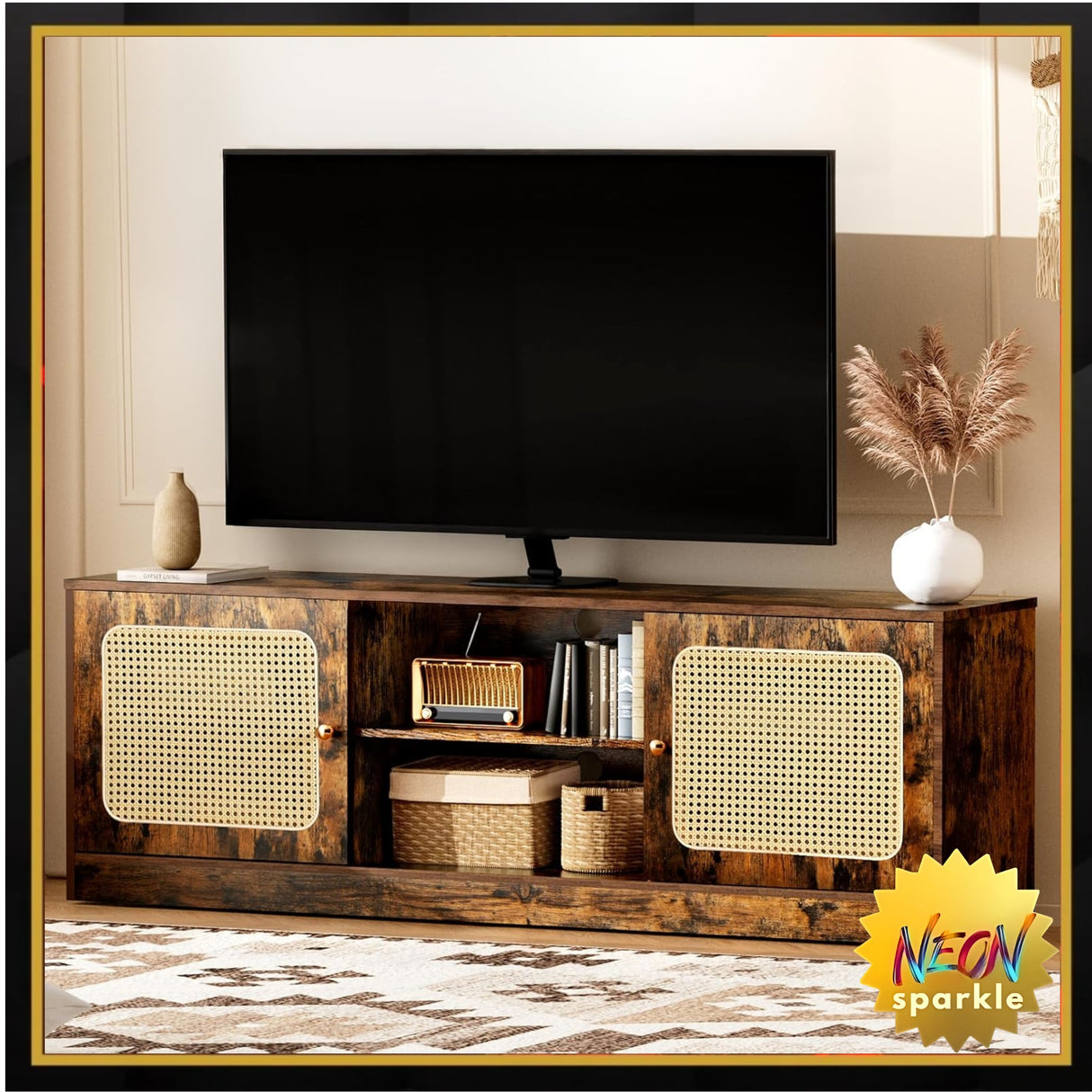 Qmetalart Boho TV Stand for 30-65 inch TVs,Ratten Entertainment Center with 3 Adjustable Shelves,