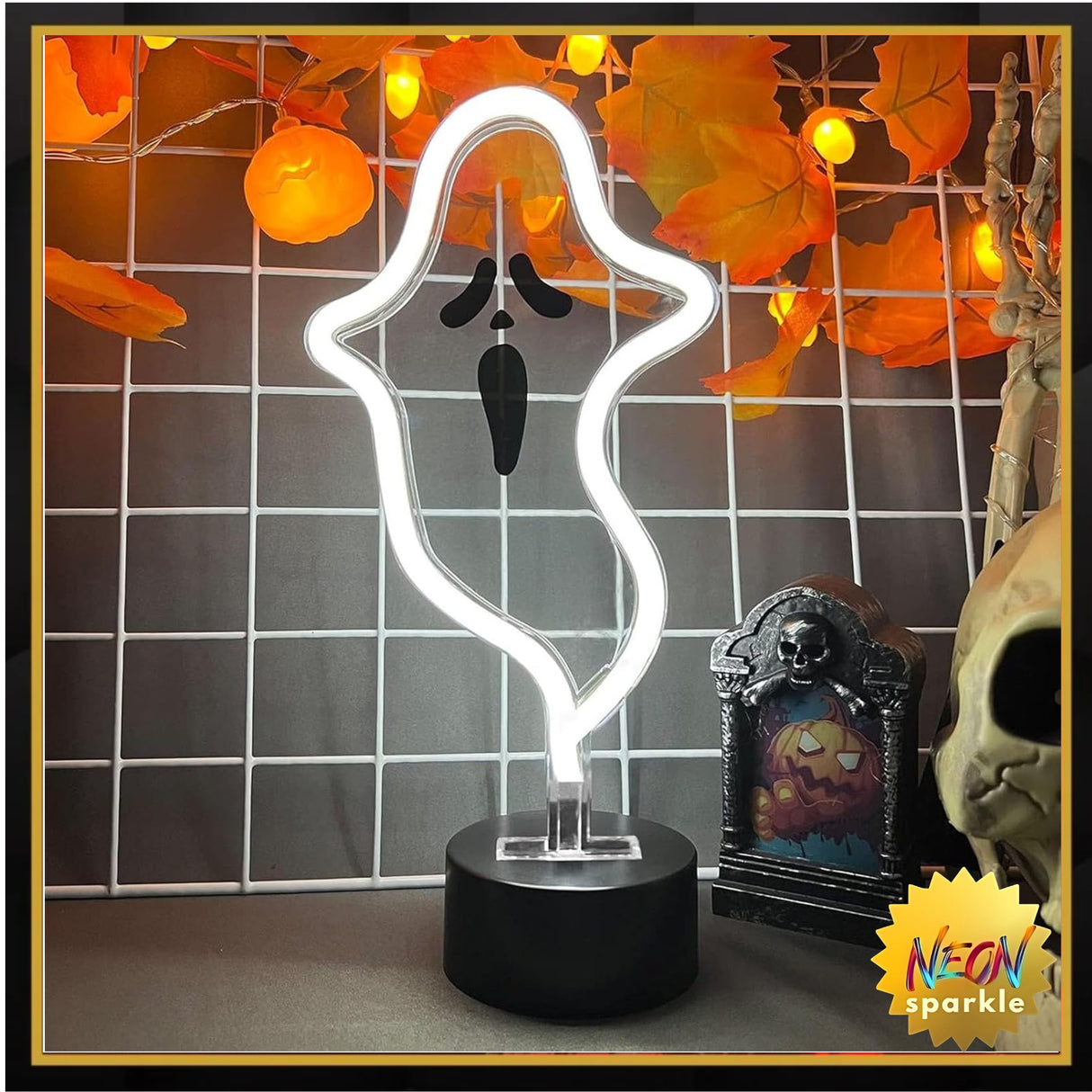 Halloween Ghost Neon Sign, Halloween Decoration LED Ghost Neon Light Sign with Base,