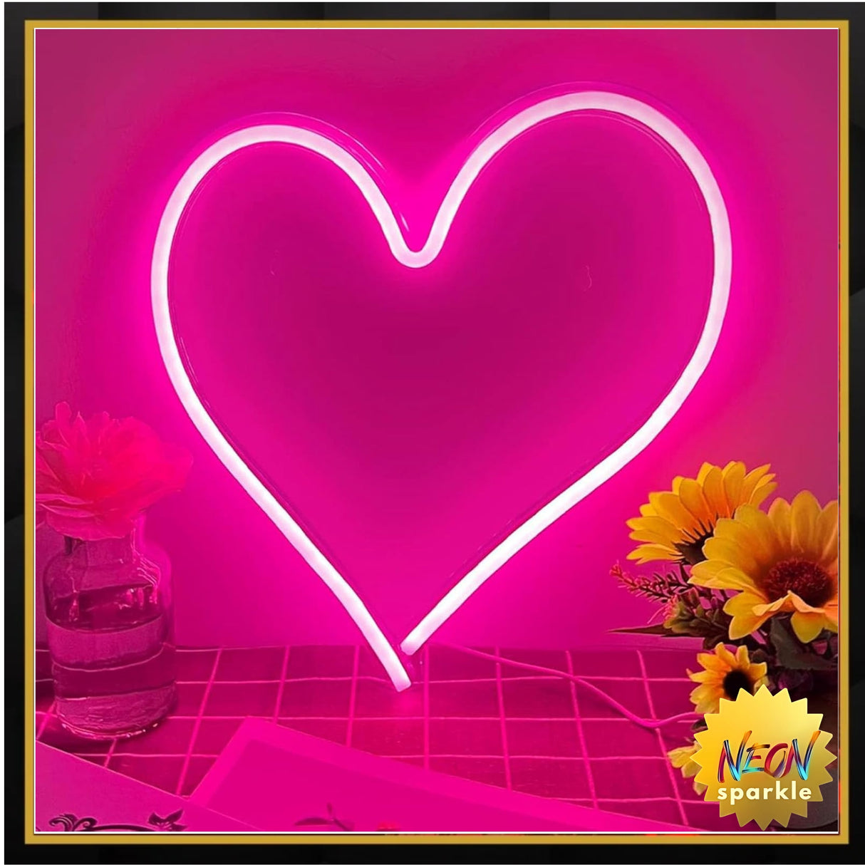 Pink Heart Neon Sign, Neon Heart Light for Wall Decor, Love Hearts LED Light up Sign 13.4×13 Inch Dimmable