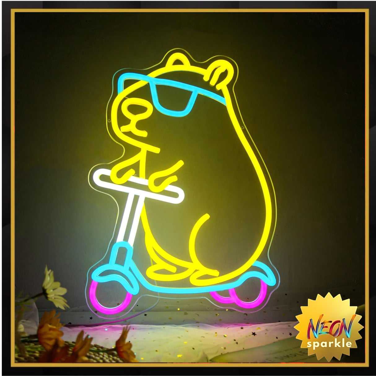 Cool Capybara Neon Sign, Dimmable Cute Animal with Shades on a Scooter, Lemon