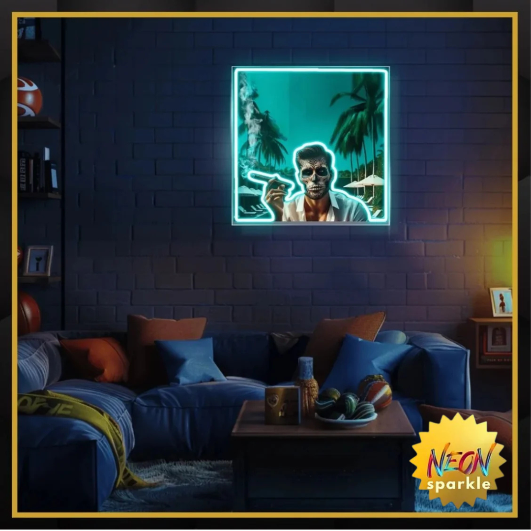 Smoking Skull Man UV Neon Sign