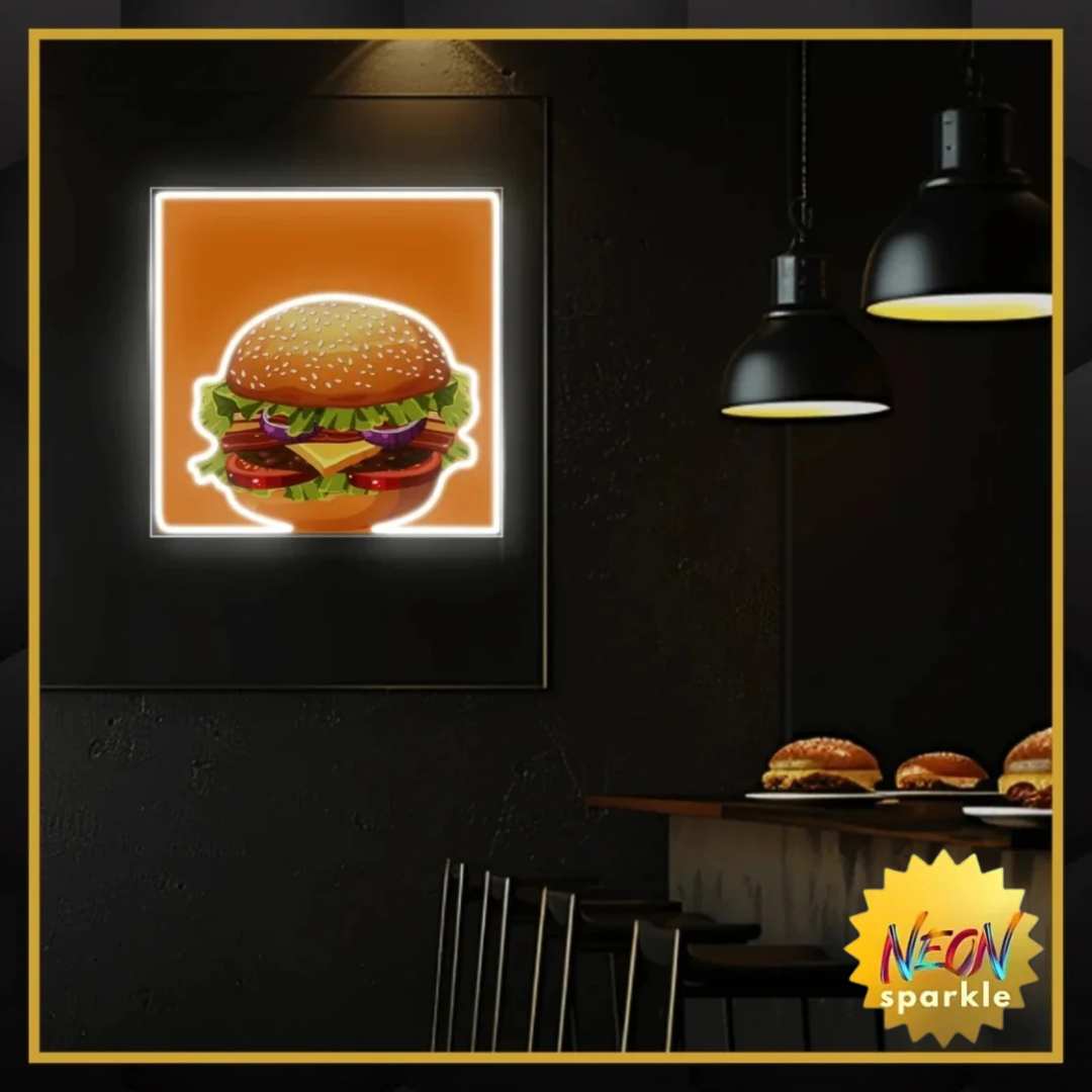UV Neon Burger Sign - Bright UV Glow Fast Food Restaurant Decor