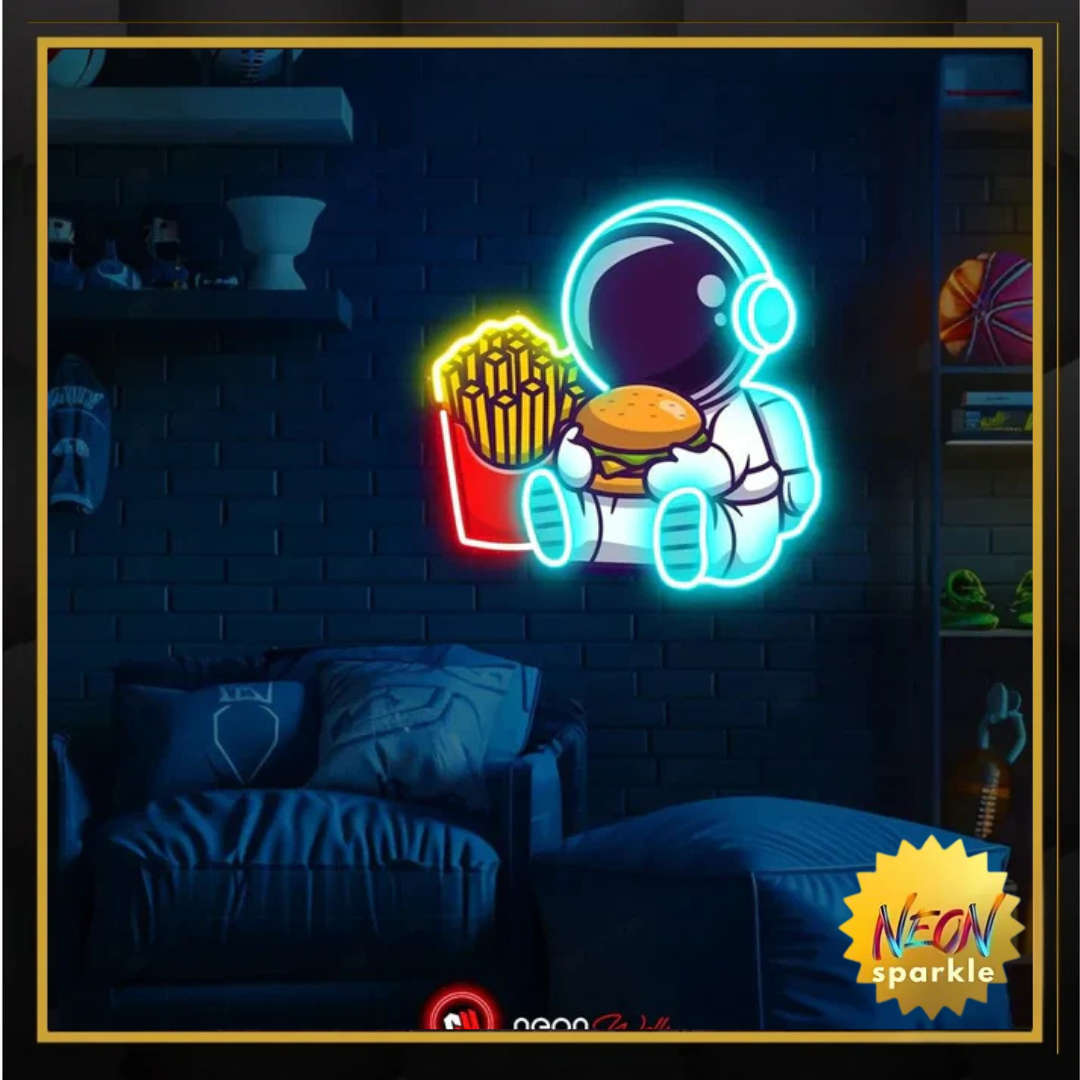Astronaut Chillin with Burger UV Neon Sign ? Brighten Your Space with Cosmic Vibes!