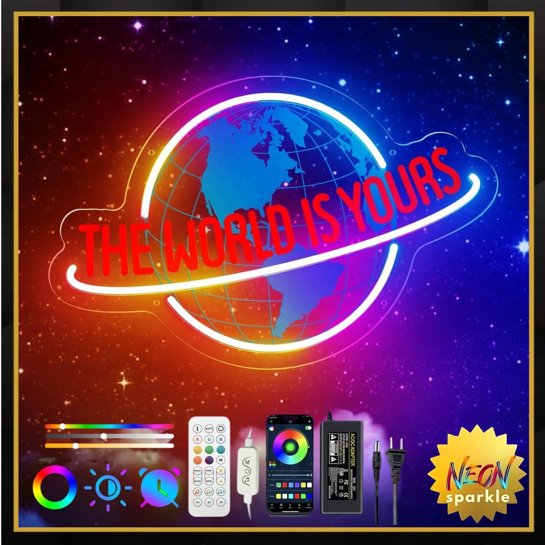 The World is Yours Neon Sign, 7RGB Planet LED Neon Light Lamp for Wall Decor, USB Power for Man Cave Home