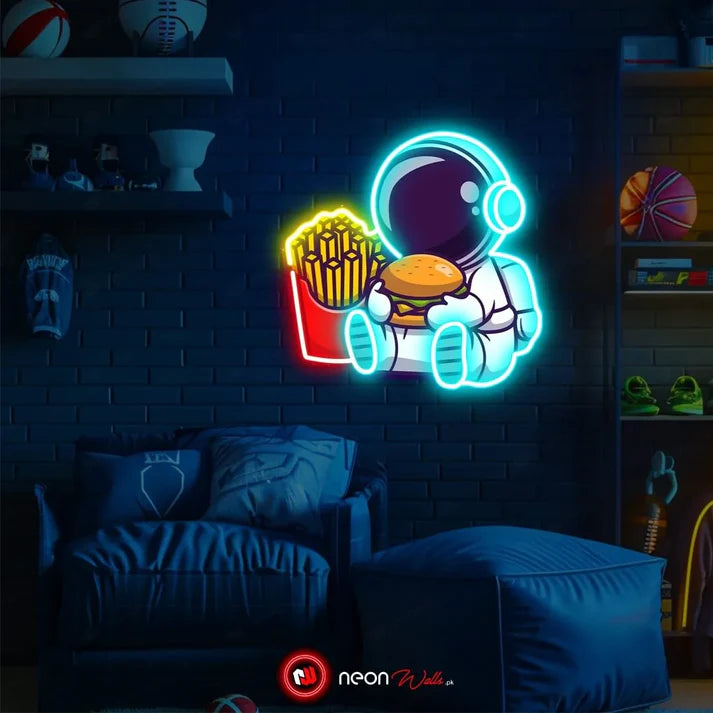 Astronaut Chillin with Burger UV Neon Sign ? Brighten Your Space with Cosmic Vibes!