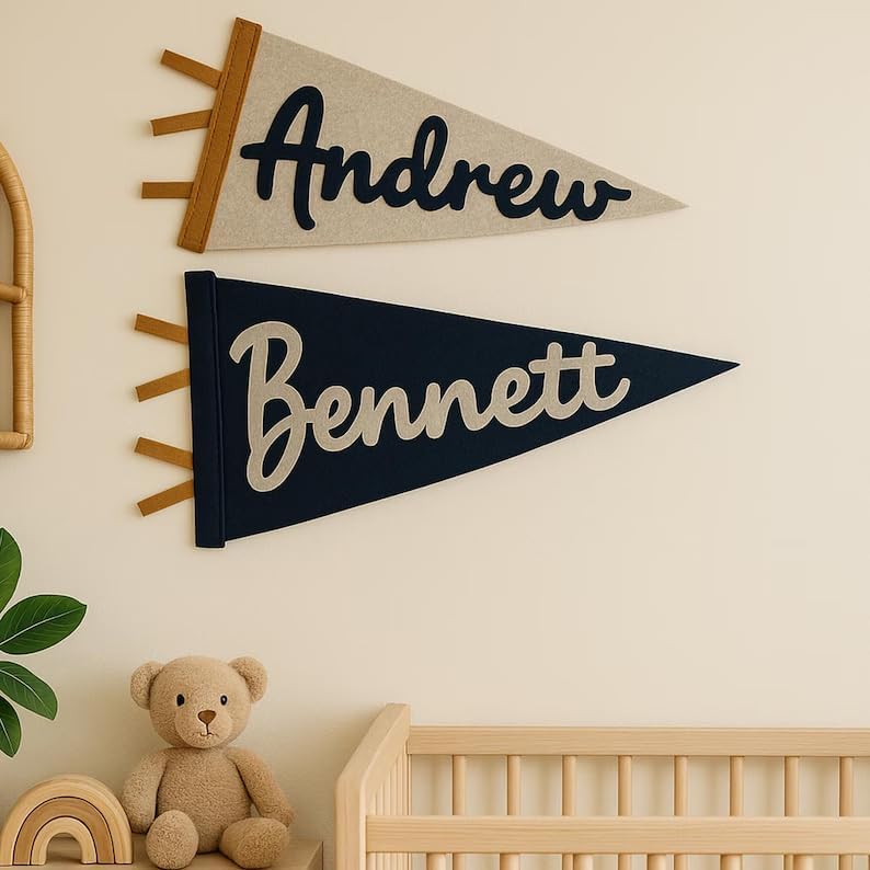 Personalized Name Pennant Flag, Handmade Custom Felt Nursery Pennant for Boy Girl