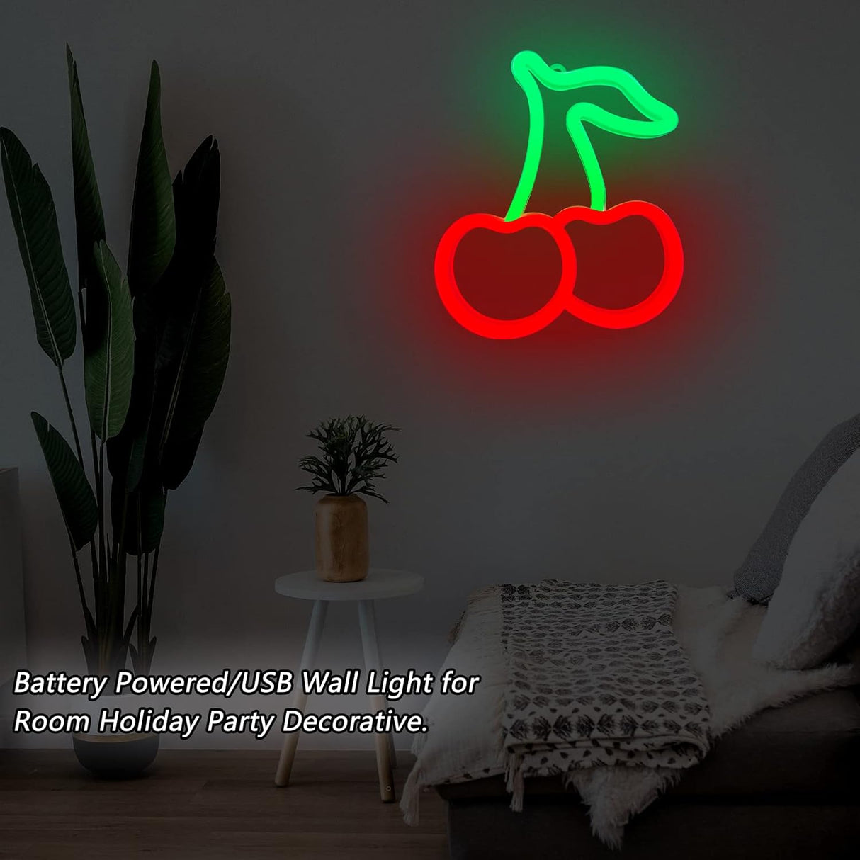 Cherry Neon Sign, Red Green Cherries Neon Lights, Cherry Neon Signs for Wall Decor,