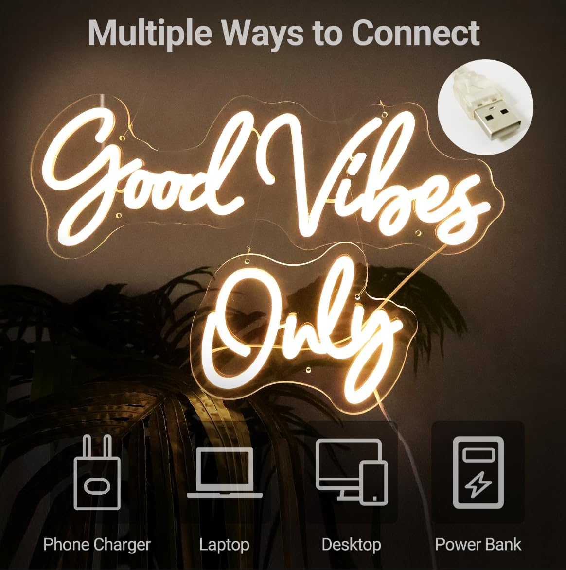 Good Vibes Only Neon Sign, Warm White Handmade DIY Placement Good vibes Led
