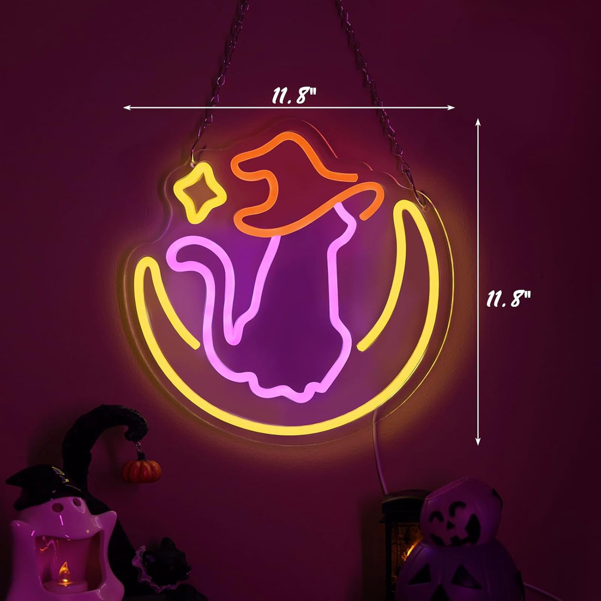 Qmetalart Halloween Cat Neon Sign, Cat on Moon Wall Decor,