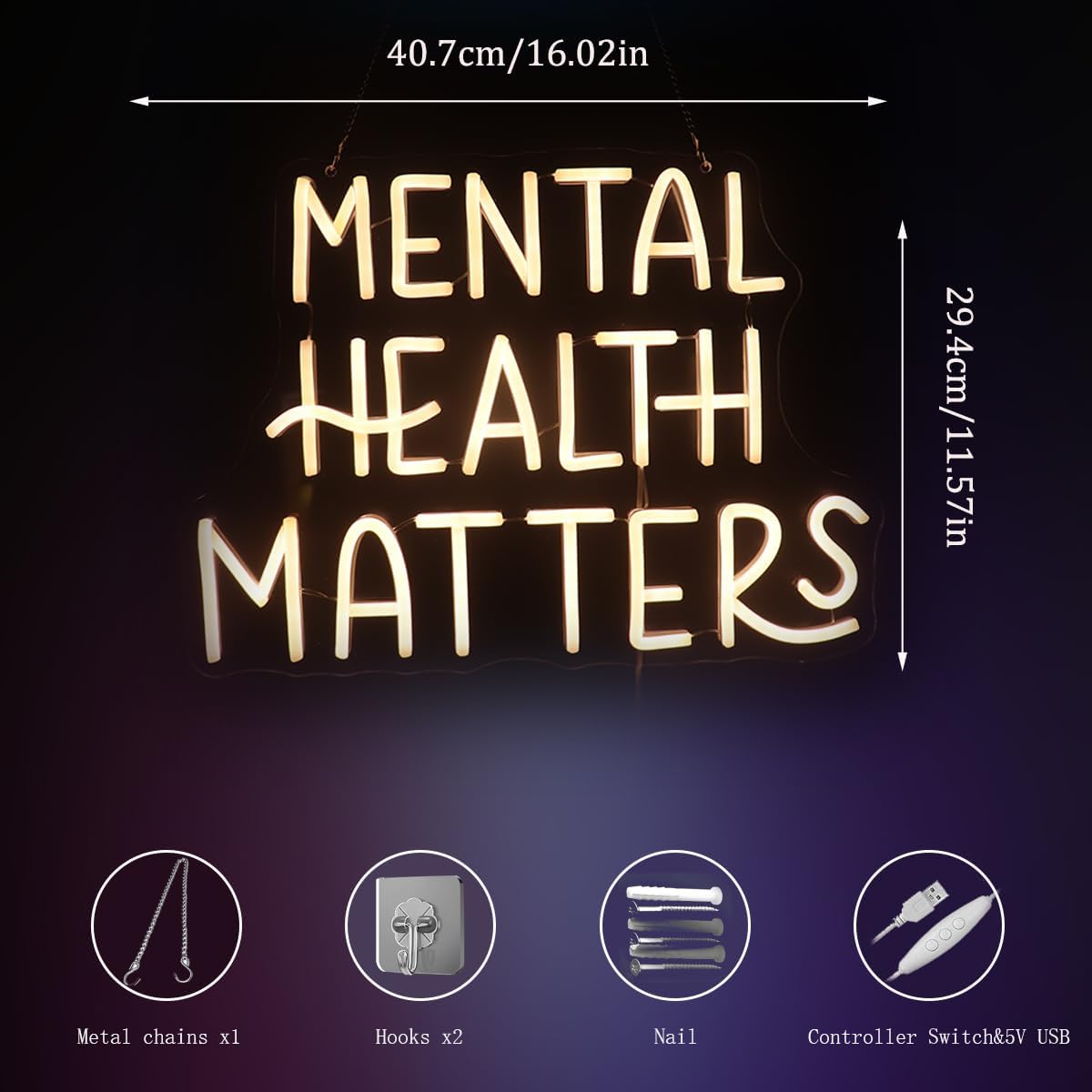 Mental Health Matters Neon Sign, USB Dimmer Light, Positive Quotes