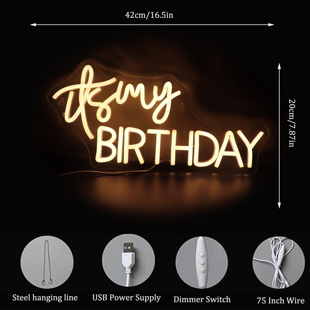 It's My Birthday Neon Sign USB Powered with Dimmer Switch Neon Lights for Room