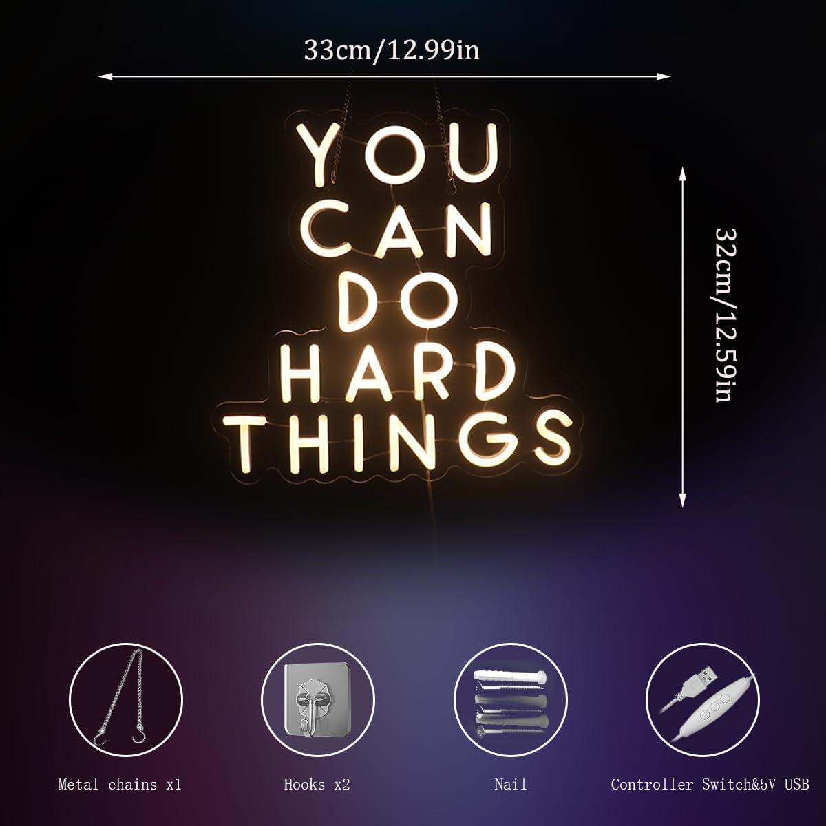 You Can Do Hard Things Wall Hanging Neon Sign, Positive Quotes Decorative Neon Lights