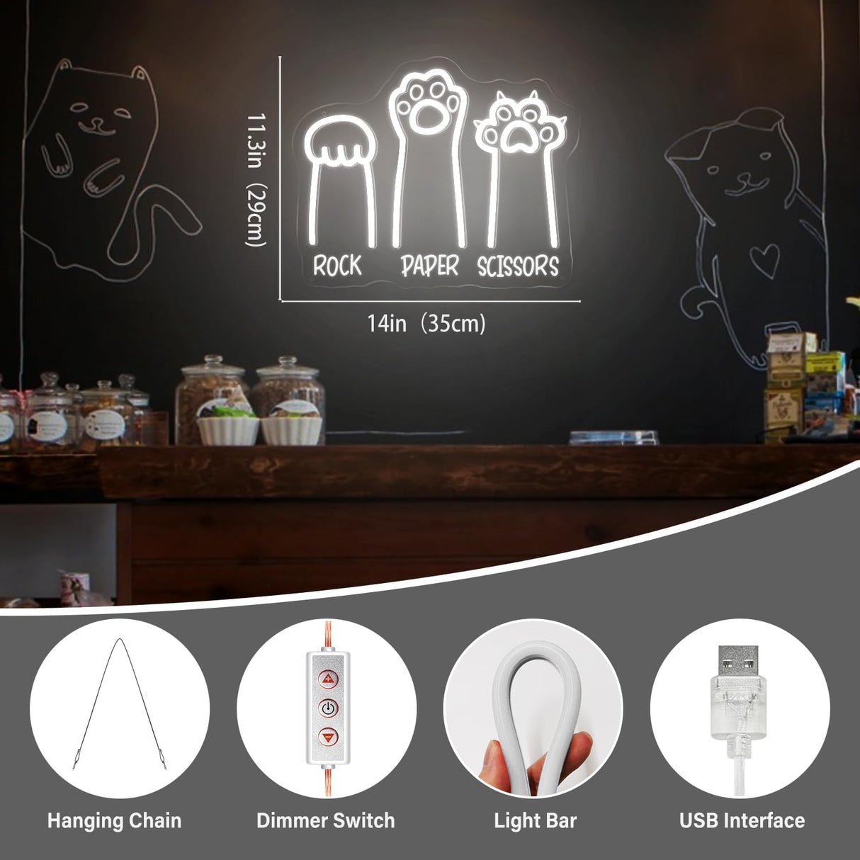 Rock Paper Scissors LED Light with Cool White Cat Paws, 11"x14" USB-Powered Acrylic Wall Art For Pet Hospital