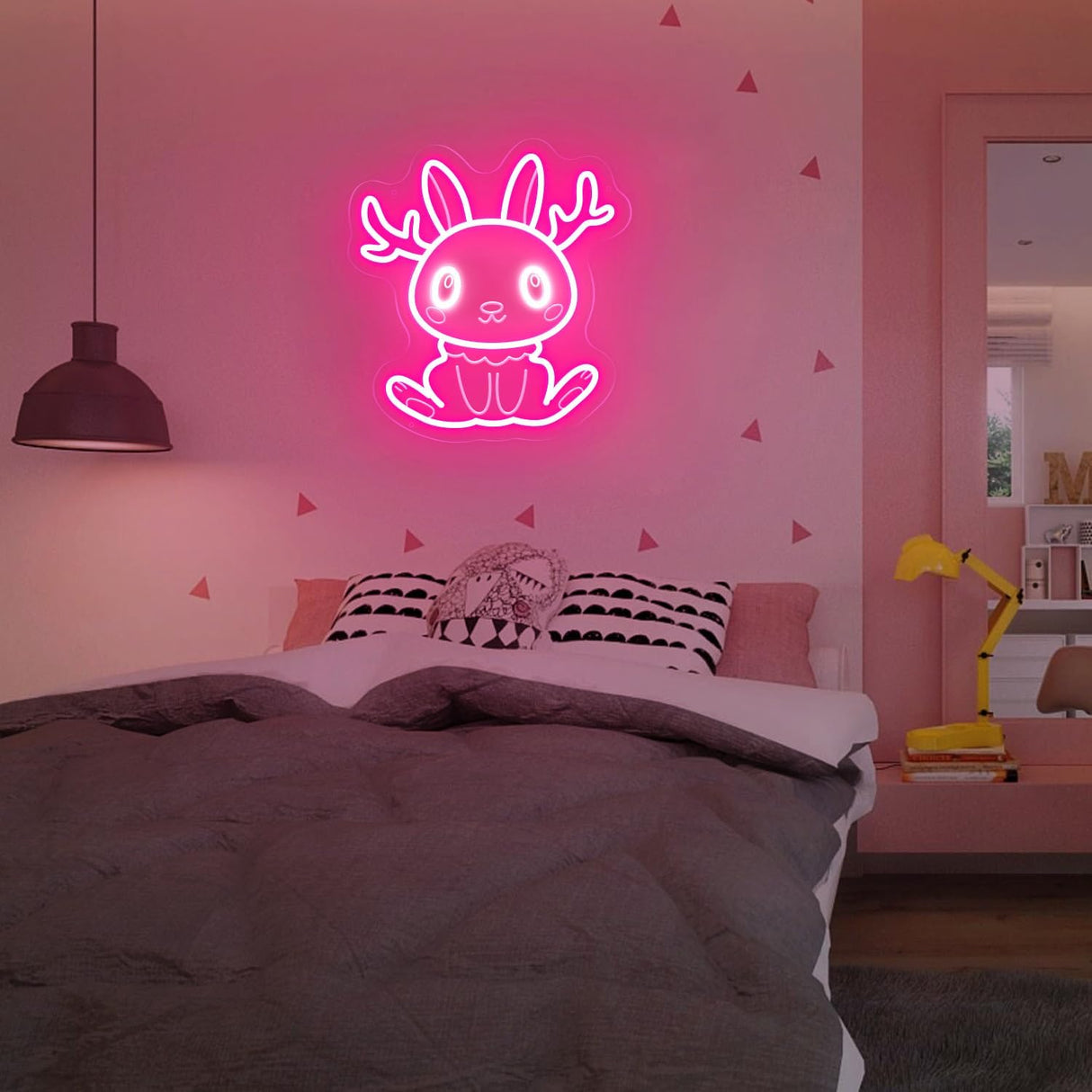 Jackalope Neon Sign, Cute Pink Smiling Jackalope LED Wall Decor for Bedroom Girls Room, 12x11 Inch USB