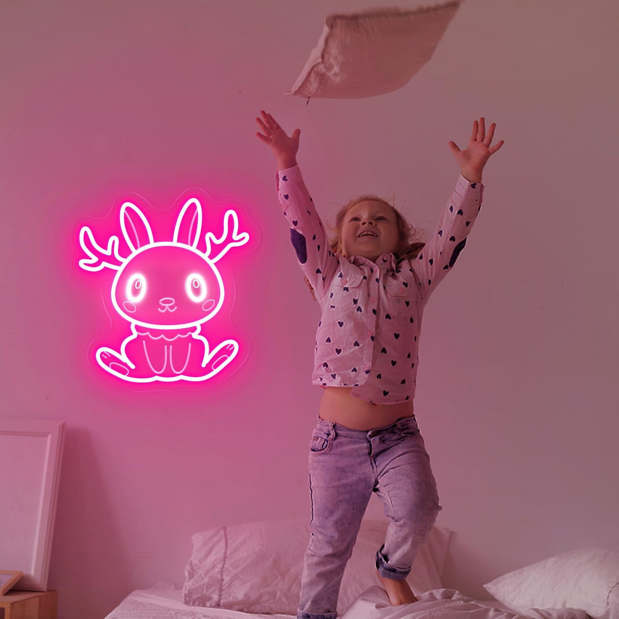 Jackalope Neon Sign, Cute Pink Smiling Jackalope LED Wall Decor for Bedroom Girls Room, 12x11 Inch USB