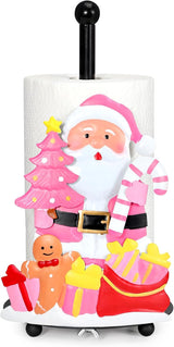 Qmetalart Pink Santa Claus Paper Towel Holder – Festive Christmas Paper Towel Stand,