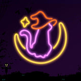 Qmetalart Halloween Cat Neon Sign, Cat on Moon Wall Decor,