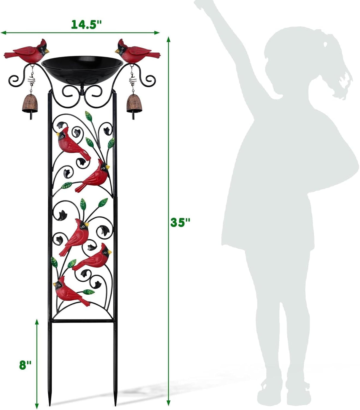 Cardinal Bird Bath Garden Trellis for Climbing Plants Outdoor Wind Chime Decor Red Birds