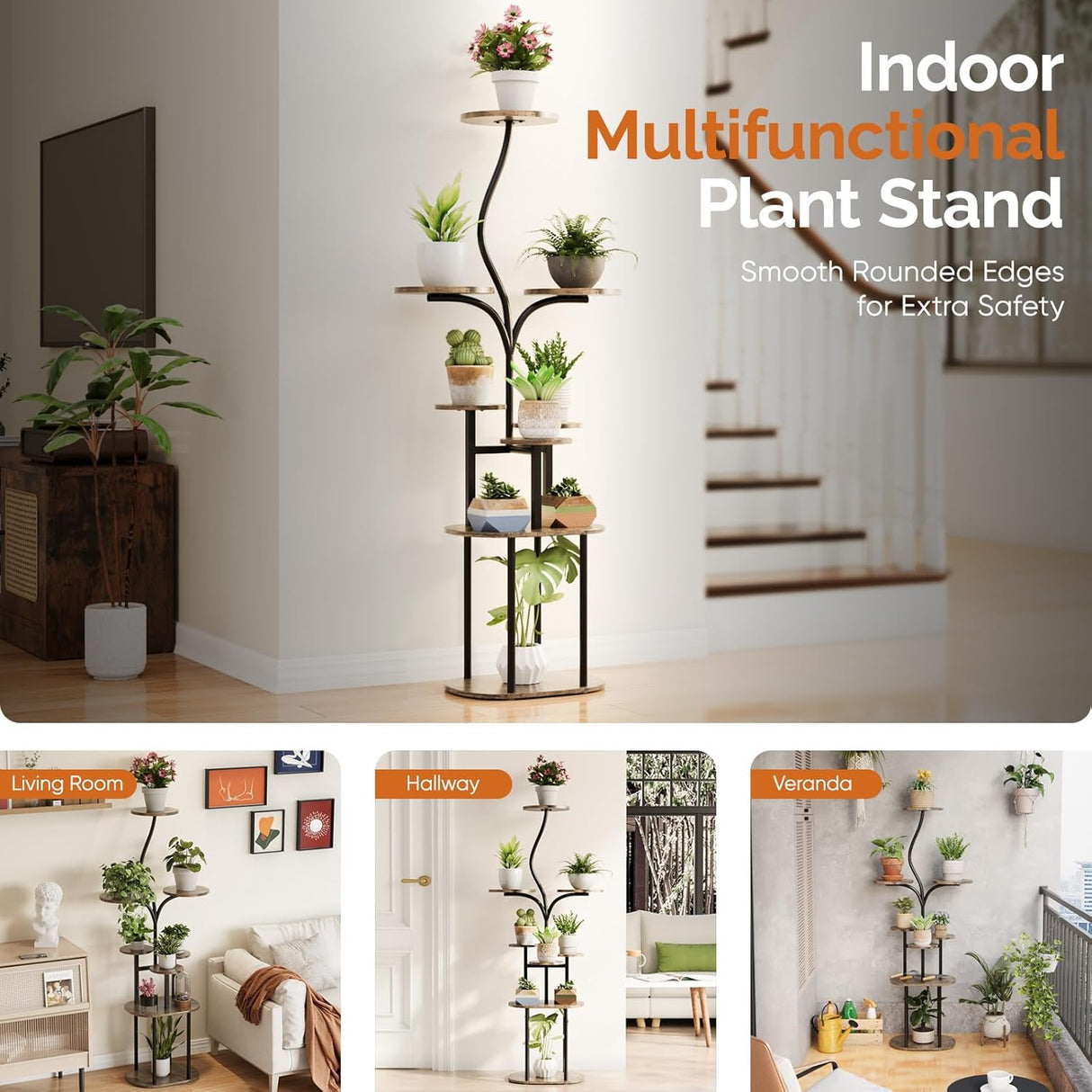 Qmetalart Plant Stand Indoor, 8 Tier Metal Flower Rack with Round Shelves, Modern