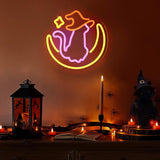Qmetalart Halloween Cat Neon Sign, Cat on Moon Wall Decor,