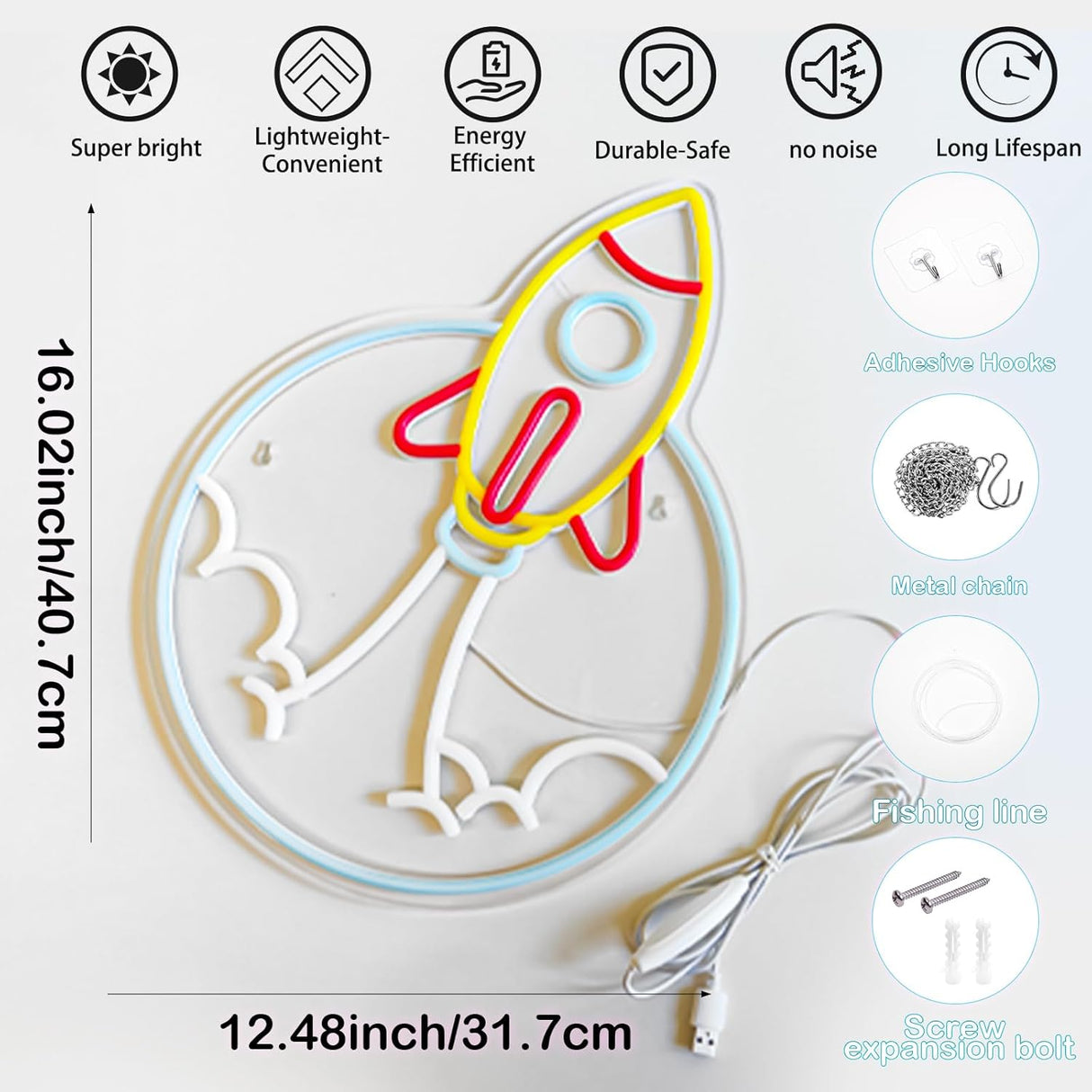 Rocket Neon Sign for Wall Decor LED Dimmable Space Neon Light for Boys Room, Game Room,