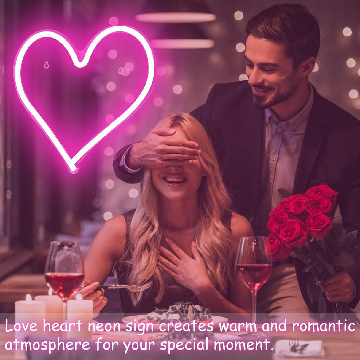 Pink Heart Neon Sign, Neon Heart Light for Wall Decor, Love Hearts LED Light up Sign 13.4×13 Inch Dimmable