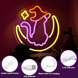 Qmetalart Halloween Cat Neon Sign, Cat on Moon Wall Decor,
