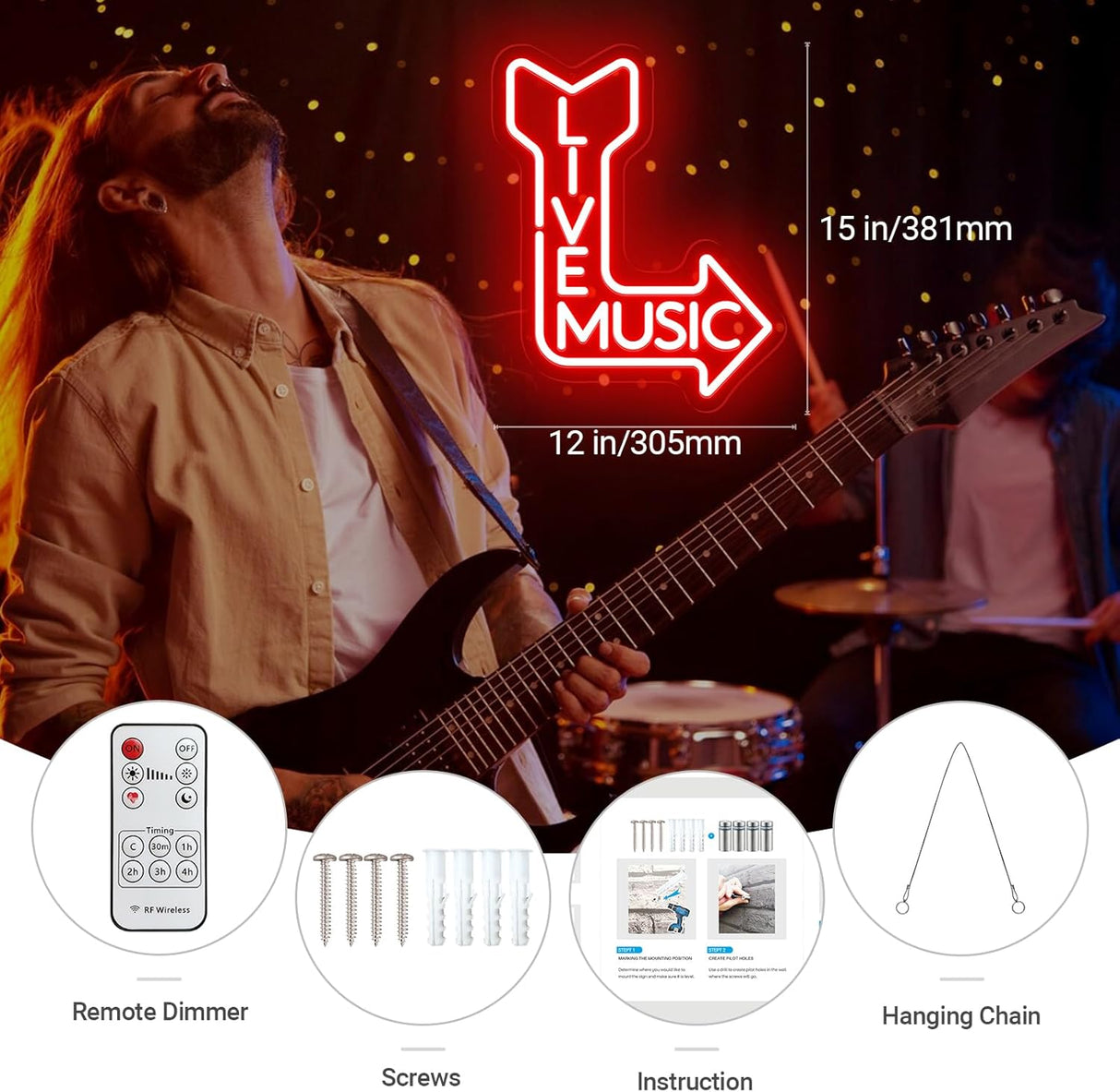 Live Music Neon Sign for Wall, Remote Dimmer Red Live Music LED Neon Light Sign for Concert Festival