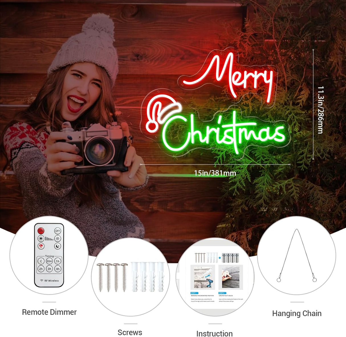 Large 25 Inch Merry Christmas Neon Signs, Red Green Led Neon Light Sign for Party Gift