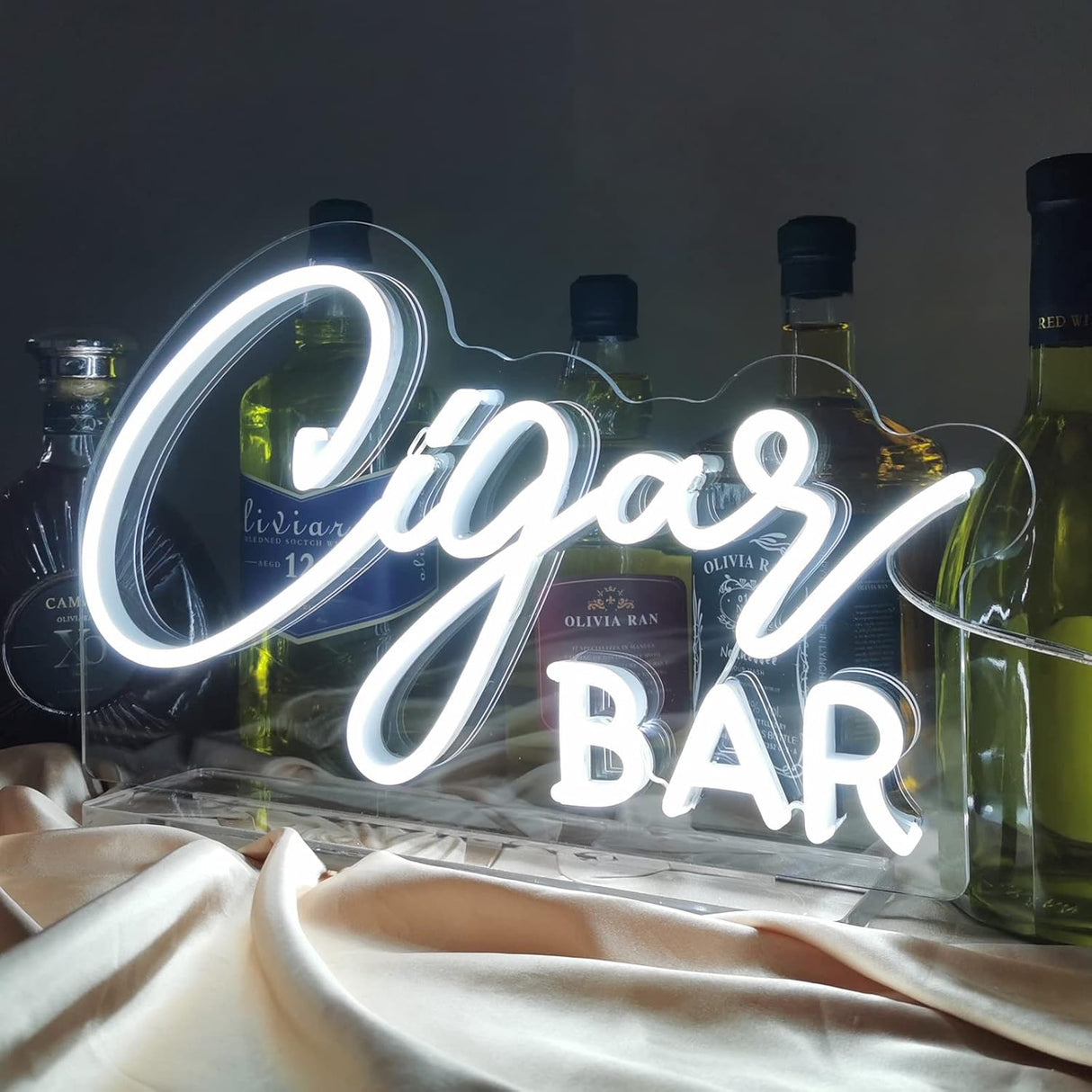 Cigar Bar Neon Sign Tabletop, White Wedding LED Neon Light with Stand, Handmade Cigar Bar
