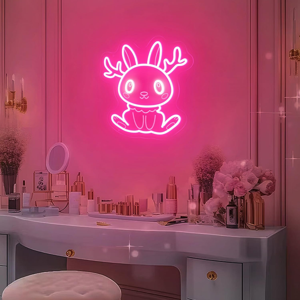 Jackalope Neon Sign, Cute Pink Smiling Jackalope LED Wall Decor for Bedroom Girls Room, 12x11 Inch USB