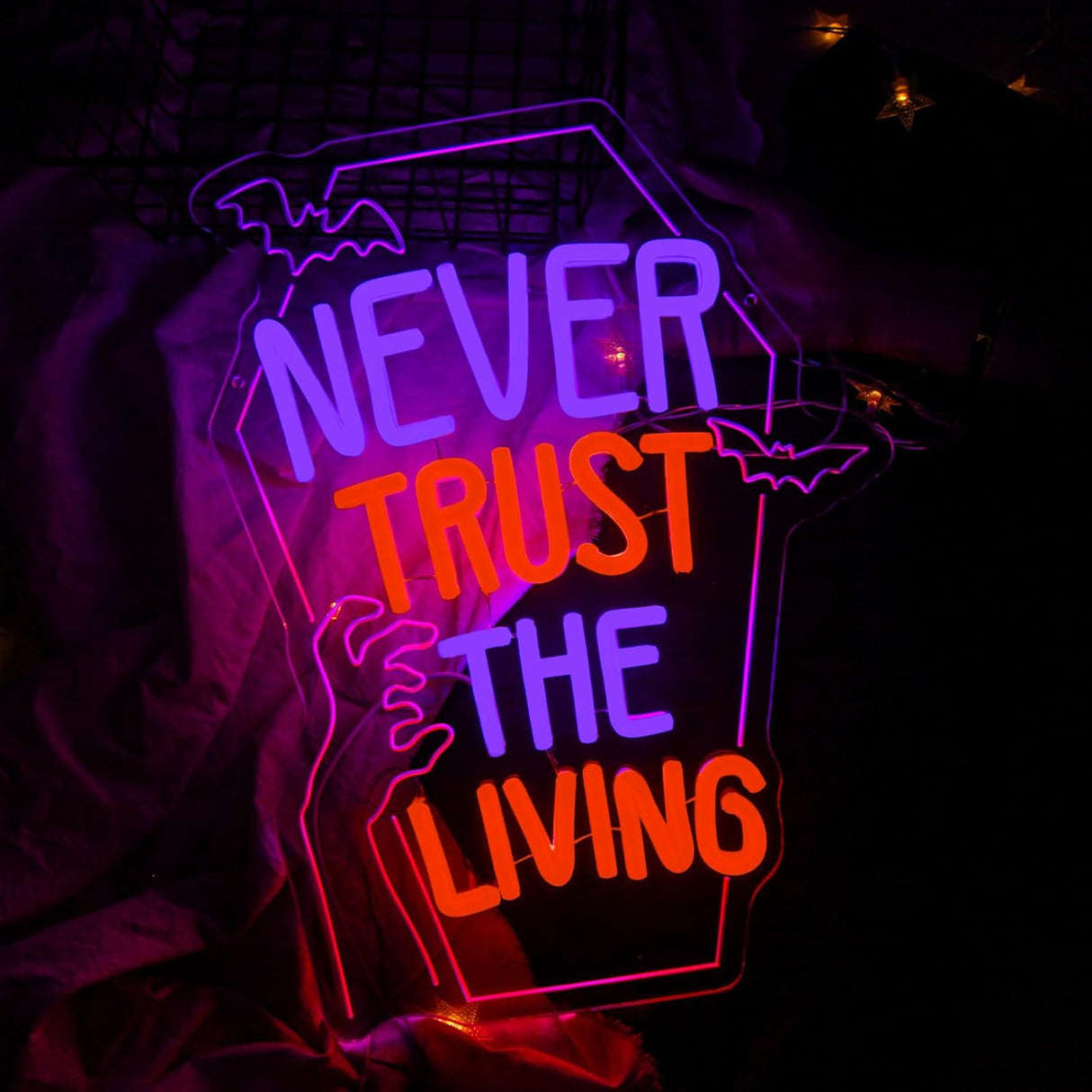Never Trust The Living Neon Sign, Dimmable Halloween Neon Sign LED Horror Decor for Bedroom