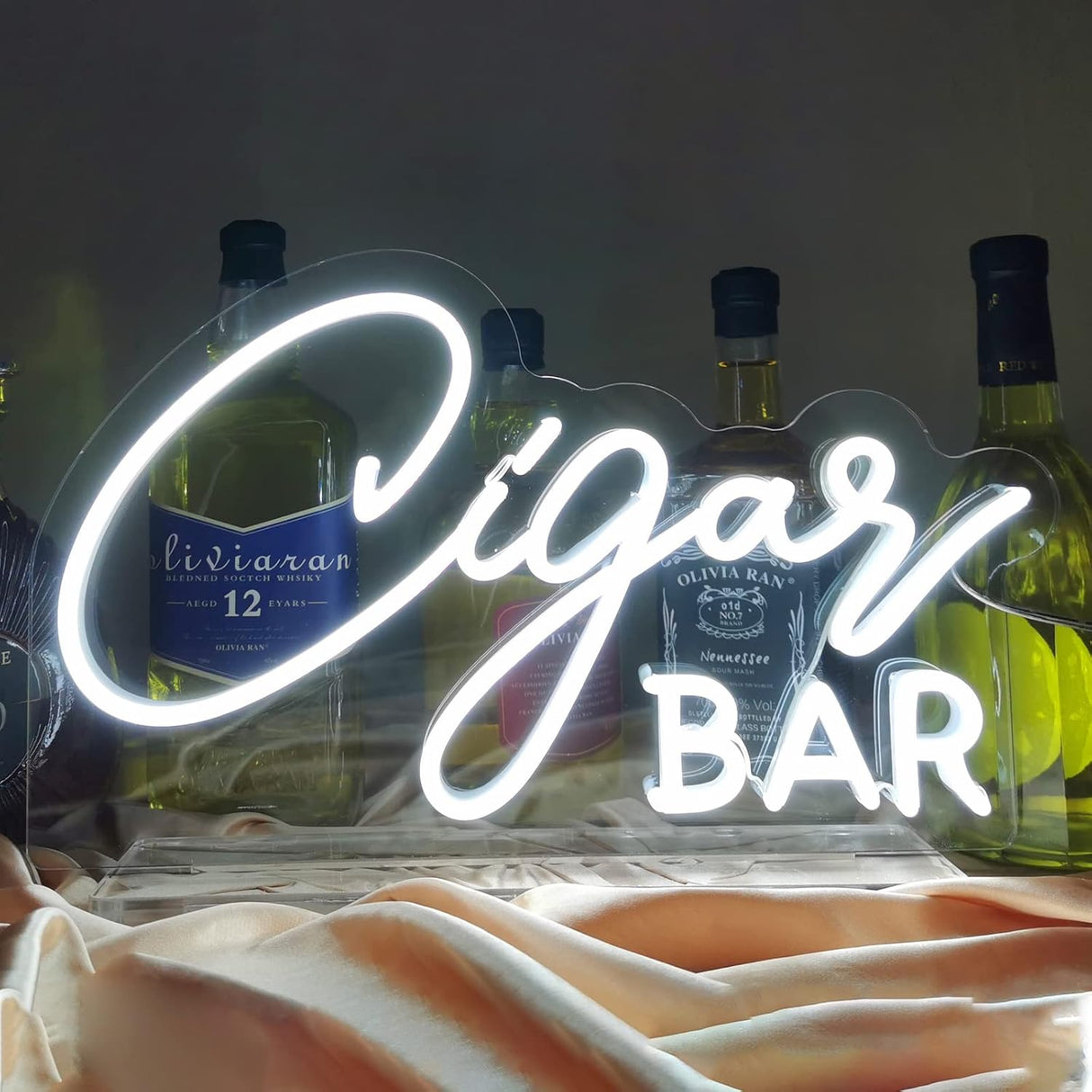 Cigar Bar Neon Sign Tabletop, White Wedding LED Neon Light with Stand, Handmade Cigar Bar