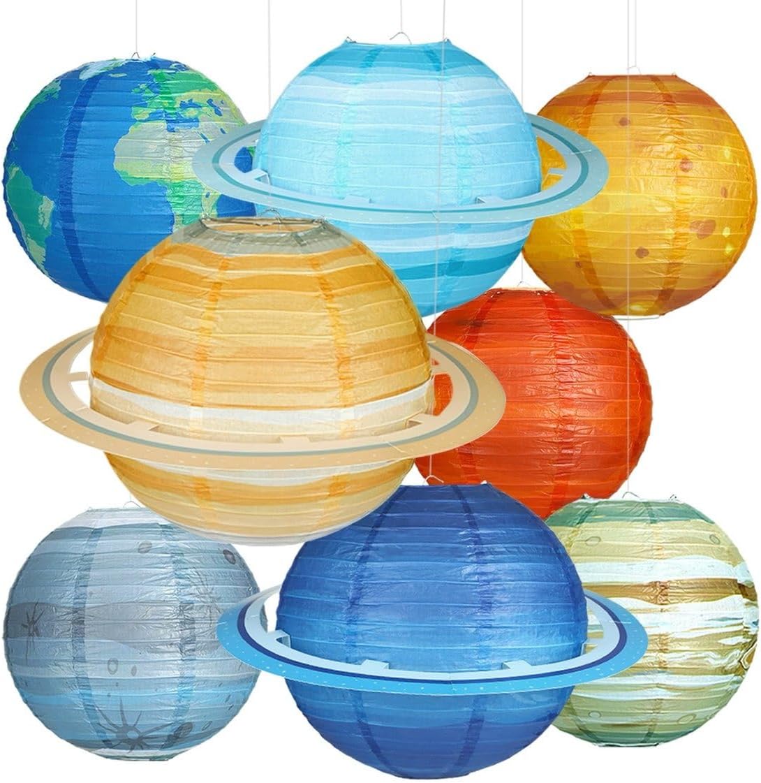 12 Pcs Planet Paper Lanterns Bundle with Planet Neon Sign for Space Party Decoration, Bedroom, Kids