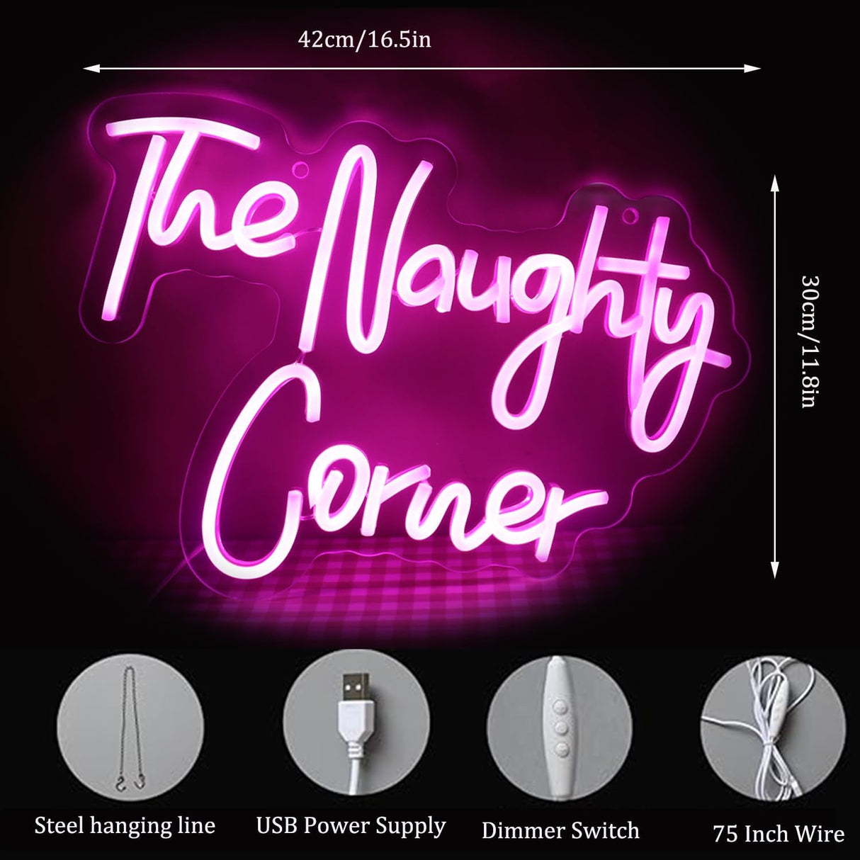 "The Naughty Corner" Neon Sign Pink Word/Letters USB Powered Neon Lights for Girls Room