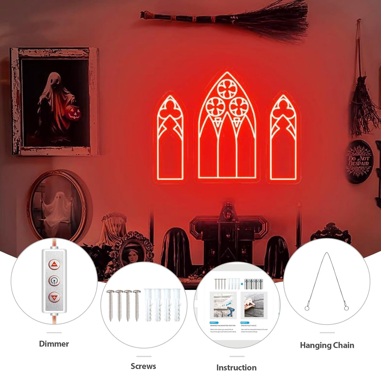 Gothic Mirror Neon Sign, 3 Piece Dimmable Retro Red Gothic Cathedral Arch Window Light