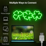 Shamrocks Neon Sign for St. Patrick's Day Wall Decor LED Sign Lucky Leaves for Gift, USB Powered Dimmable