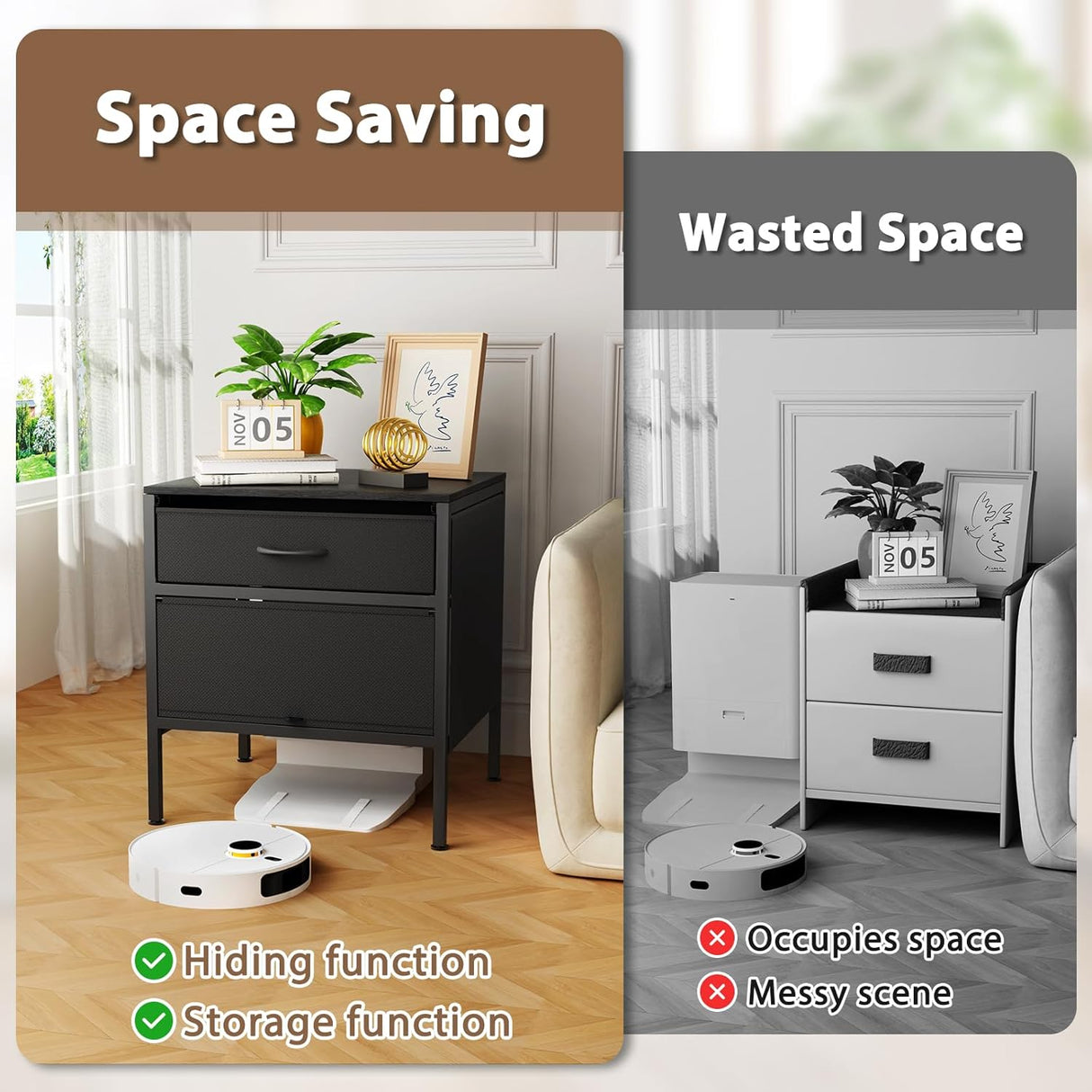 Qmetalart Robot Vacuum Cabinet, Hidden End Side Table, Modern Side Table Storage Cabinet