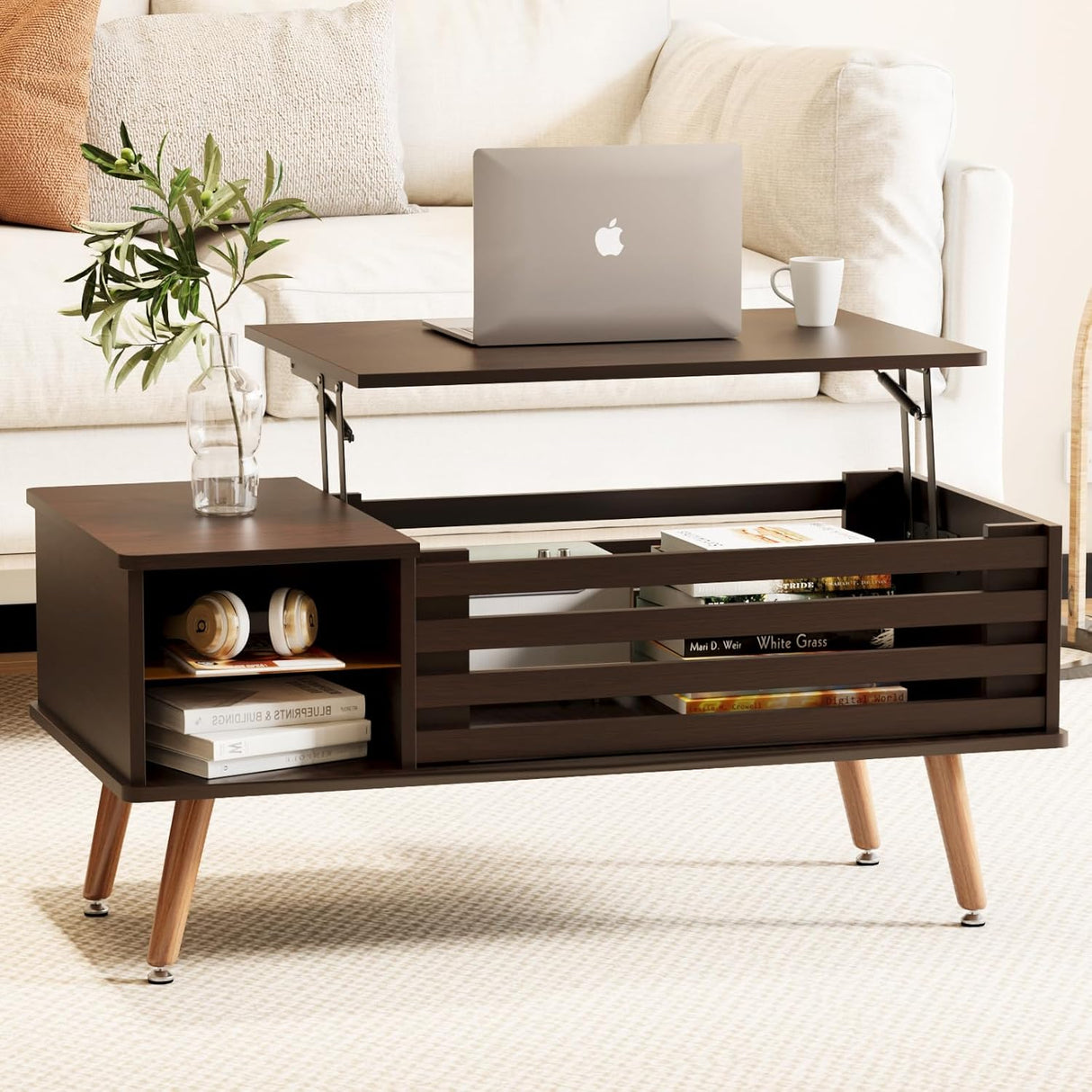 Qmetalart Lift Top Coffee Table with Storage, Mid Century Modern Coffee Table, Central