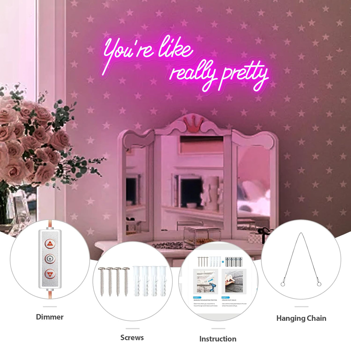 You're Like Really Pretty Neon Sign, Pink Handmade You're Like Really Pretty Led Neon