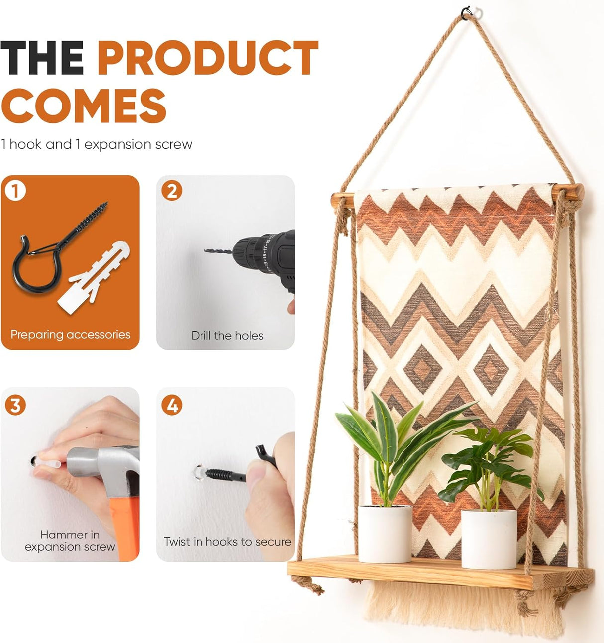 Wall Mounted Shelf, Bohemian Style Decorative Hanging Cloth, Handmade Natural Material,