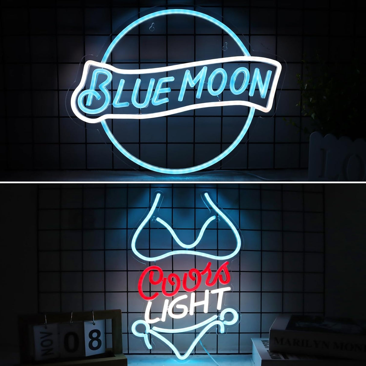 Bikini Crs Light Neon Signs 16.1 * 9.8 Inch(Azure+Red+White) + Blue Moon Orbicular Neon Signs 14 * 12.2 Inch(Azure+White)