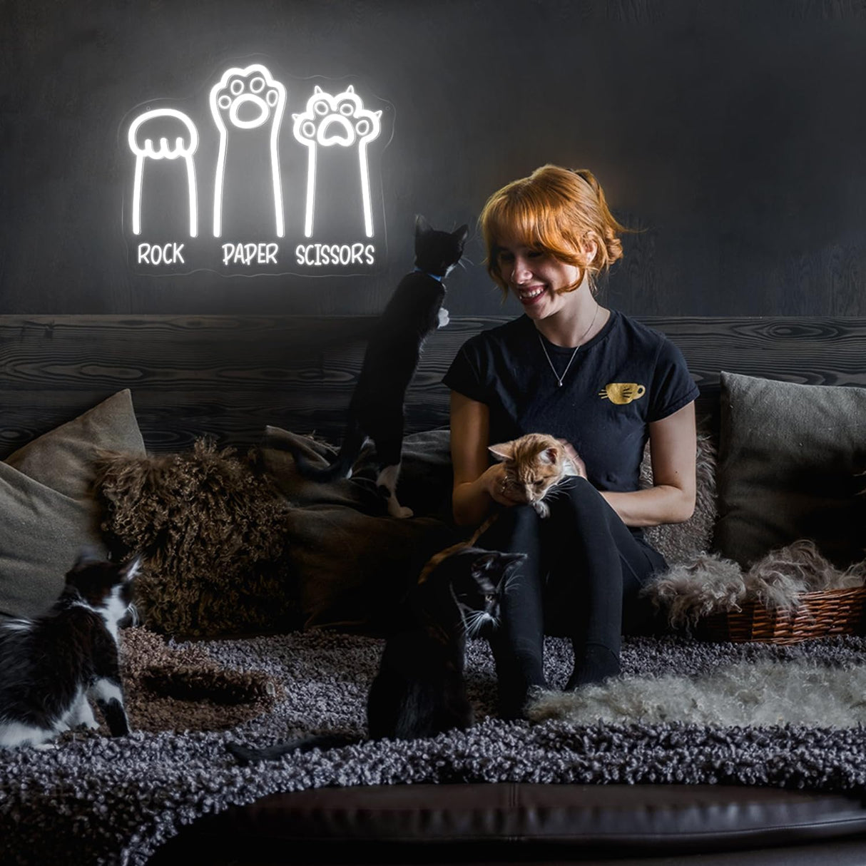 Rock Paper Scissors LED Light with Cool White Cat Paws, 11"x14" USB-Powered Acrylic Wall Art For Pet Hospital